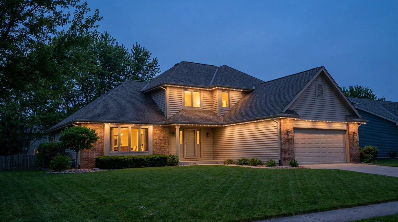 Two-story home at dusk in summer with permanent roofline lights set to warm white